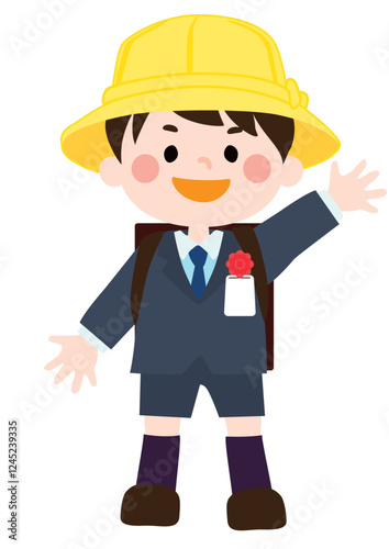 入学式でランドセルを背負い嬉しそうに笑う男の子のベクターイラスト