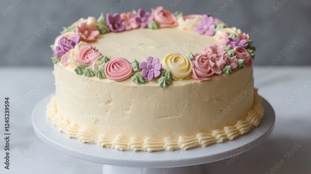 A smooth buttercream-covered cake with simple floral piping, placed against a neutral background. A smooth buttercream-covered cake with simple floral piping, placed against a neutral background.
