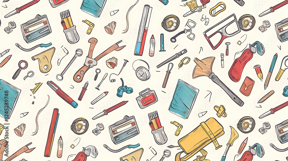 Colorful collection of hand tools and stationery items arranged on a light background Colorful collection of hand tools and stationery items arranged on a light background