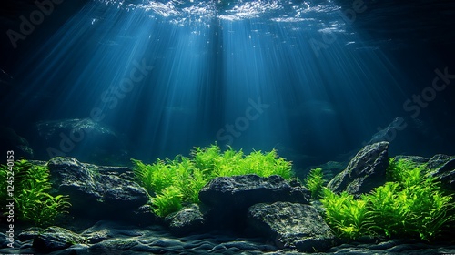 Underwater plants, sunbeams, rocks, aquarium, serene scene