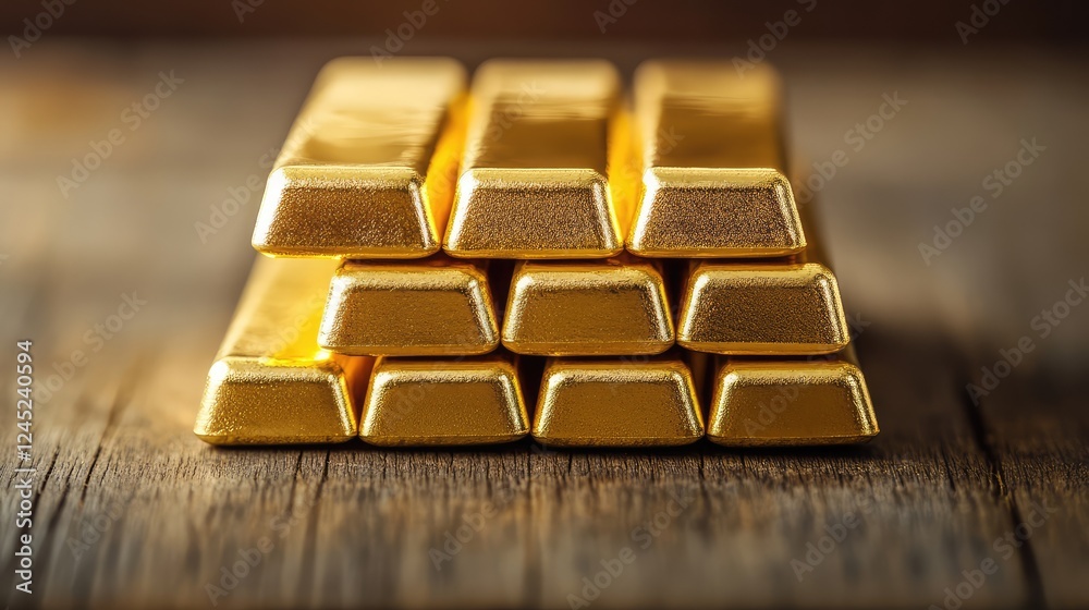 A stack of gold bars arranged meticulously, with their golden surfaces reflecting soft ambient light. A stack of gold bars arranged meticulously, with their golden surfaces reflecting soft ambient light.