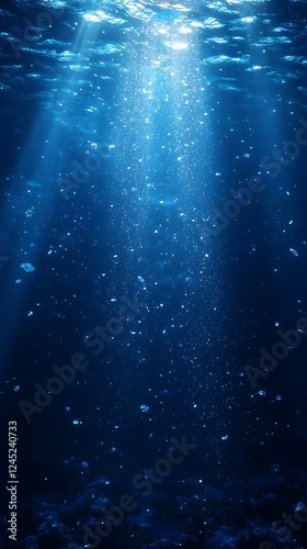 Underwater sunbeams, ocean floor, bubbles, dark depth, background texture, marine life design