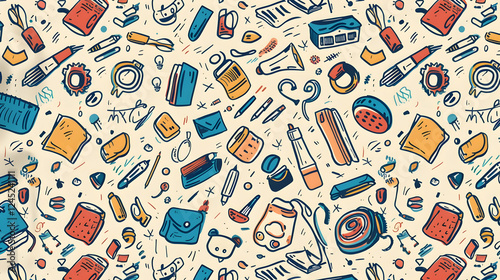 Colorful collection of stationery and office supplies scattered on a light background, ideal for design use