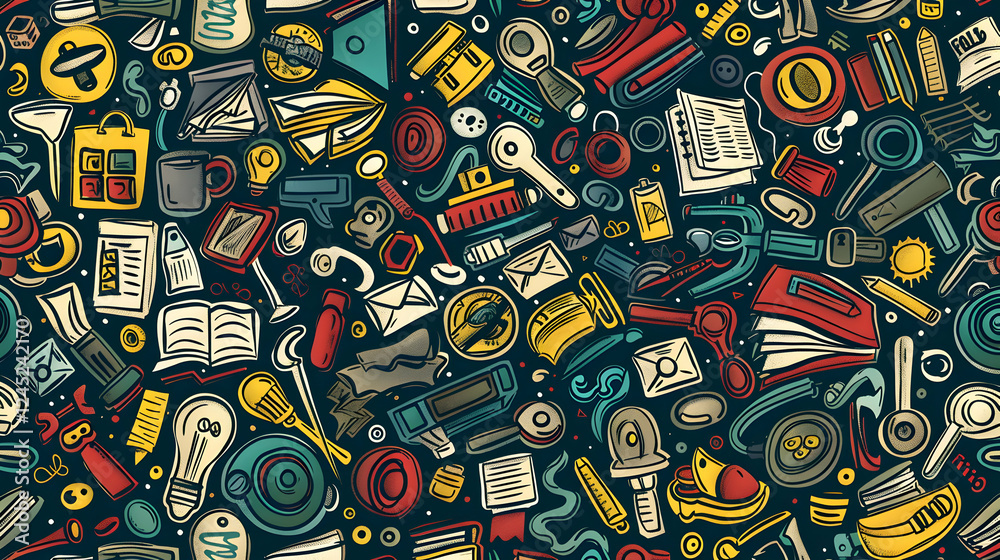Colorful and chaotic flat lay of various office supplies and stationery items on a dark background Colorful and chaotic flat lay of various office supplies and stationery items on a dark background