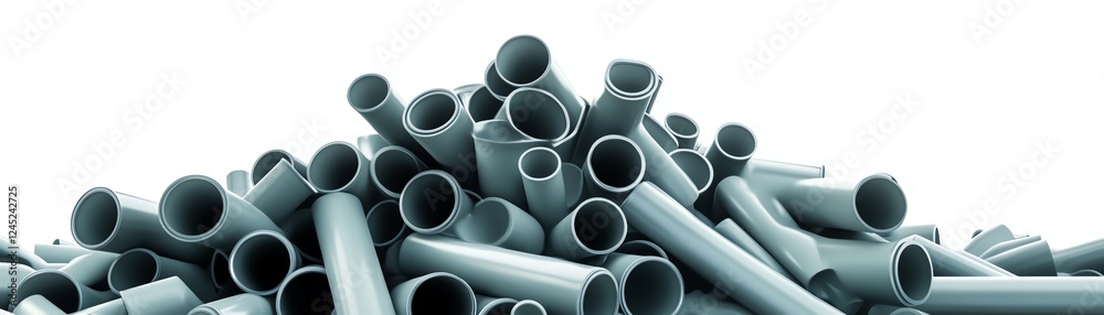 Piled gray plastic pipes on a white isolate background. Piled gray plastic pipes on a white isolate background.