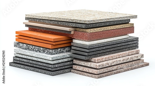 Stack of various textured and colored countertop materials on a white background. photo