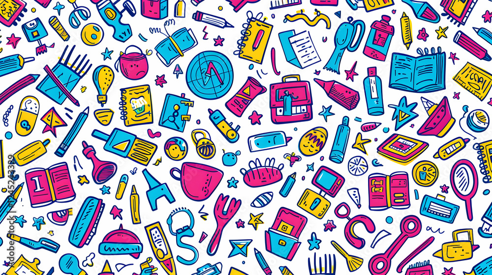 Colorful illustration of various school and office supplies scattered across a white background Colorful illustration of various school and office supplies scattered across a white background