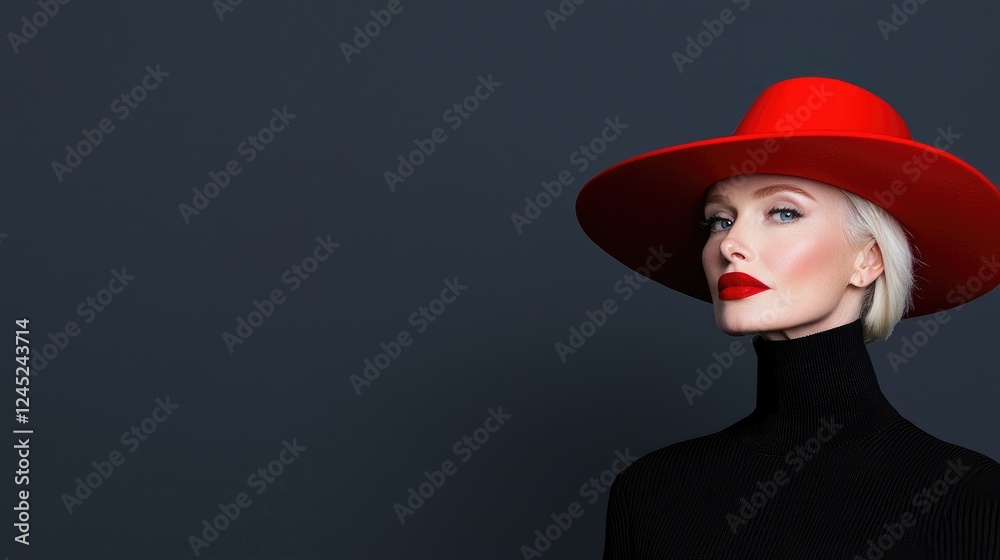 Elegant woman, red hat, dark background, fashion portrait Elegant woman, red hat, dark background, fashion portrait