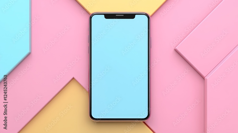 Colorful Background with Blank Smartphone Display on Geometric Shapes and Colors Colorful Background with Blank Smartphone Display on Geometric Shapes and Colors