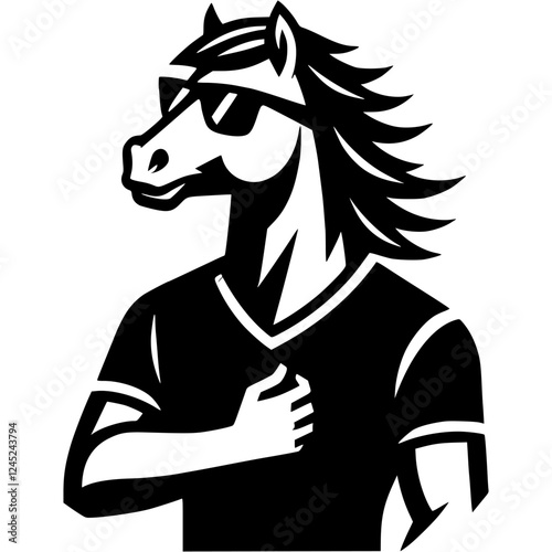 Tattoo emblem of young man horse in t shirt and sunglasses confidently looks forward in monochrome. Engraving minimalistic vector in black ink drawing on transparent background