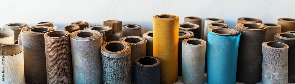 Rolls of various materials stacked, showcasing different colors and textures. Rolls of various materials stacked, showcasing different colors and textures.