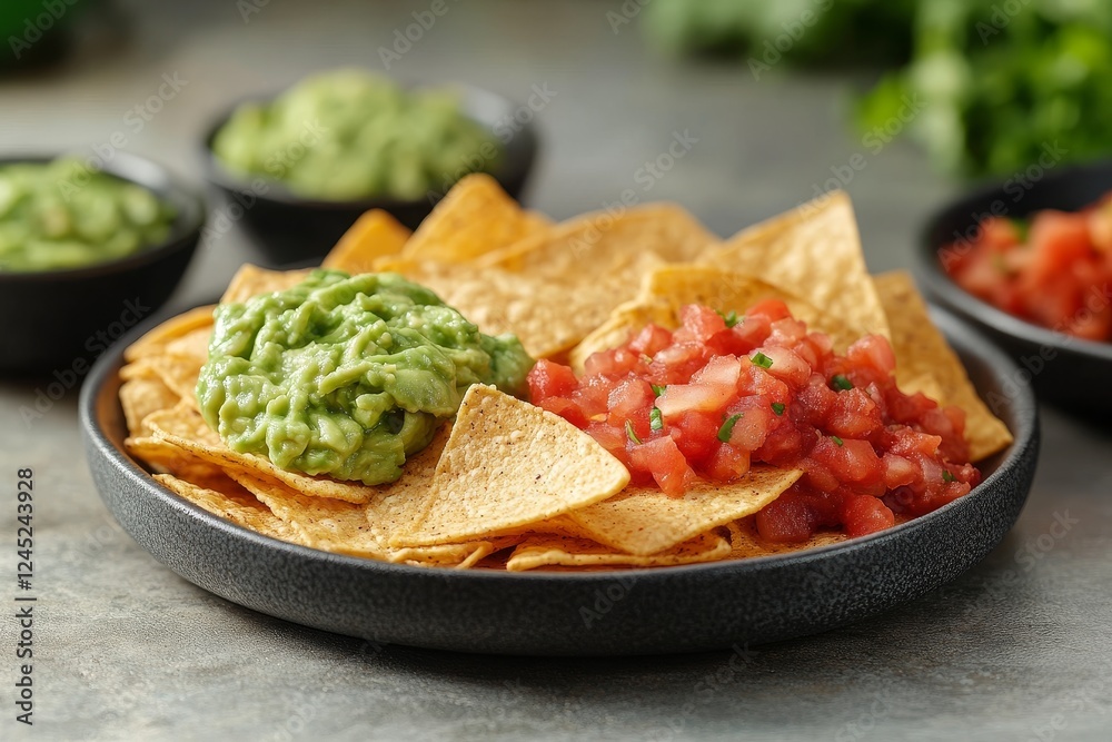 Tortilla chips with guacamole and salsa Tortilla chips with guacamole and salsa
