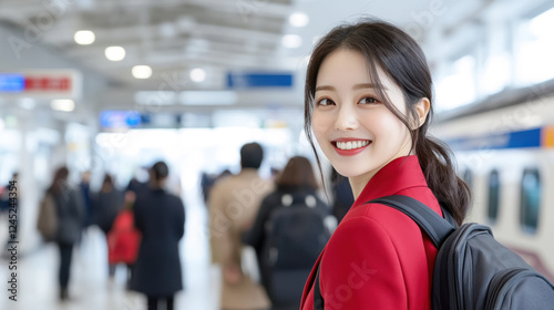 Korean staff employee woman in red casual smiling going to office using train public transport