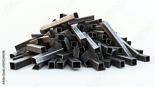 Pile of metal steel tubes, white isolated background.