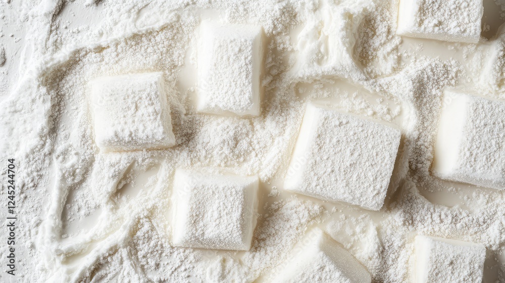 Flat lay of frozen cream cheese blocks on a white surface with frost texture. Ample copy space. Flat lay of frozen cream cheese blocks on a white surface with frost texture. Ample copy space.