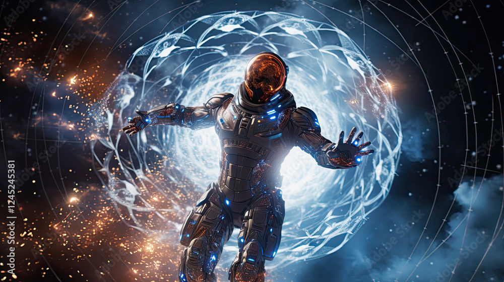 Fototapeta premium Astronaut in a Protective Energy Field Amidst Cosmic Explosions