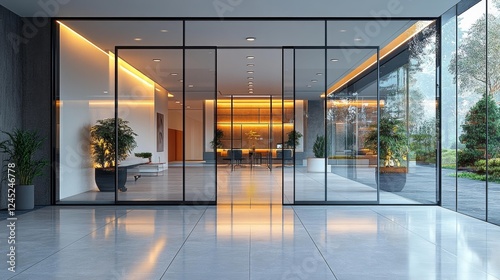 Stylish Office Entrance with Glass Doors and Greenery. Generative AI photo