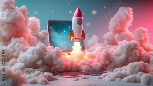 Rocket Ship Taking Off with Red and White Clouds. Generative AI photo