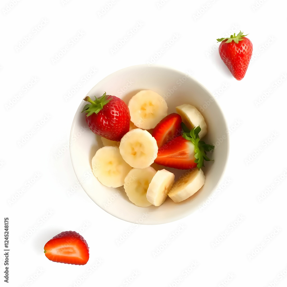 a white bowl with strawberry and banana slices isolated on the white background a white bowl with strawberry and banana slices isolated on the white background