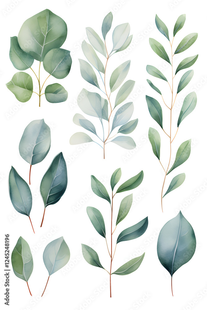 Digital eucalyptus watercolor set print pattern flower abstract graphic poster background Digital eucalyptus watercolor set print pattern flower abstract graphic poster background
