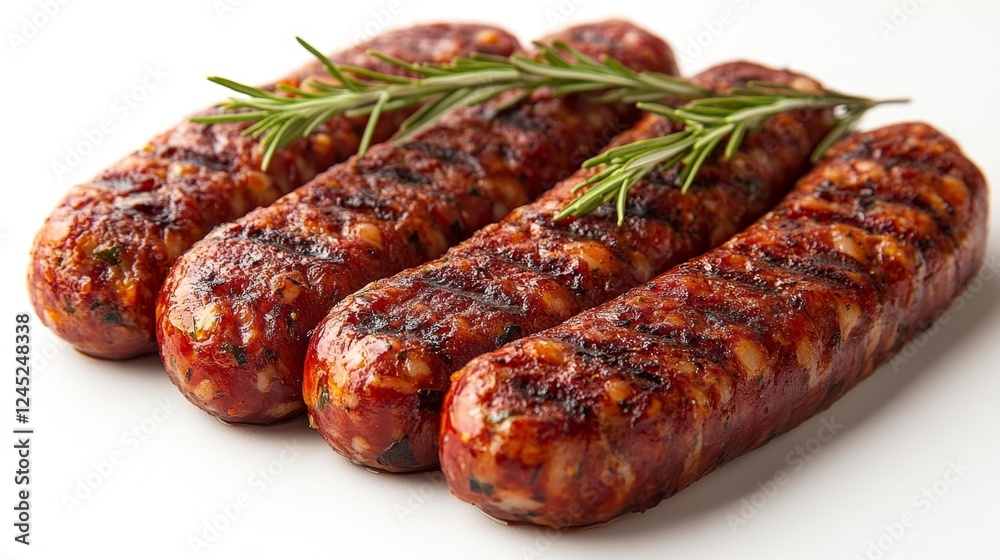 Grilled Spicy Sausages with Rosemary on White Background. Generative AI Grilled Spicy Sausages with Rosemary on White Background. Generative AI