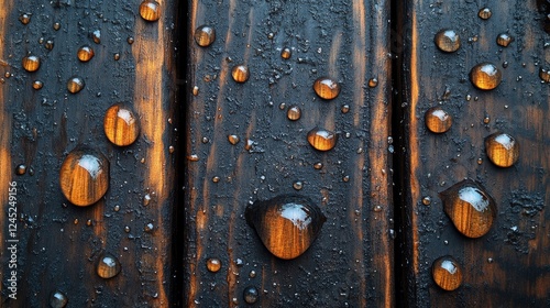 Water droplets on wooden surface with dark texture and glossy finish photo