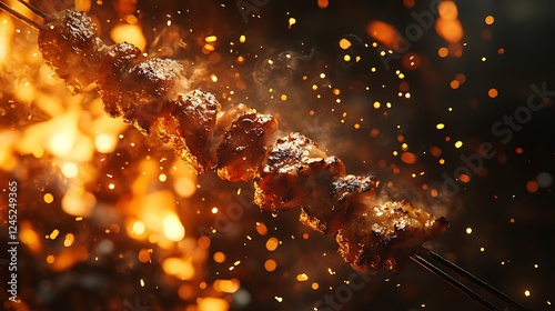 Close-up of kebabs turning on a rotisserie over open flames, golden sparks flying into the smoky air, glowing coals casting dramatic light, vibrant textures and warm tones, cinematic realism.