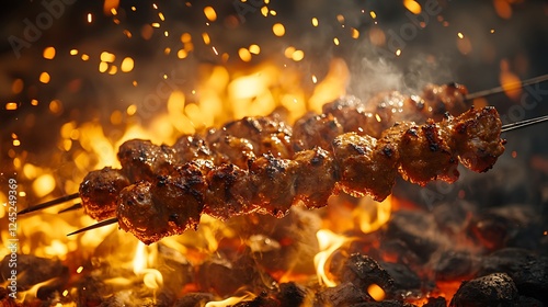 Close-up of kebabs turning on a rotisserie over open flames, golden sparks flying into the smoky air, glowing coals casting dramatic light, vibrant textures and warm tones, cinematic realism. photo