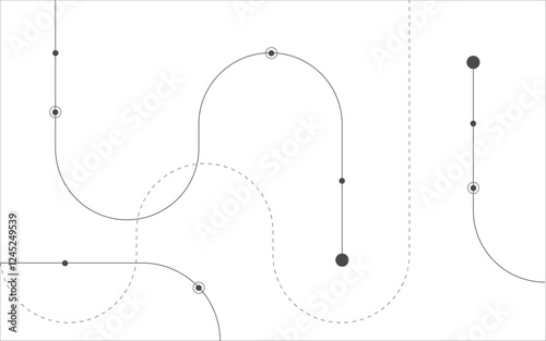 Vector curves, twisted u curve,s curve, points, dot, circles and dashed lines, white background, bending.