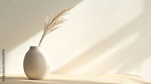 Modern minimalist vase neutral tones single dried pampas grass elegant interior decor clean background soft shadows