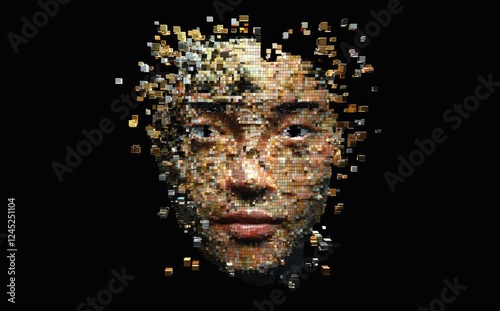 A vibrant digital art portrayal of a human face constructed from golden and metallic cubes, symbolizing artificial intelligence and data integration. Ideal for technology, AI, and creative design