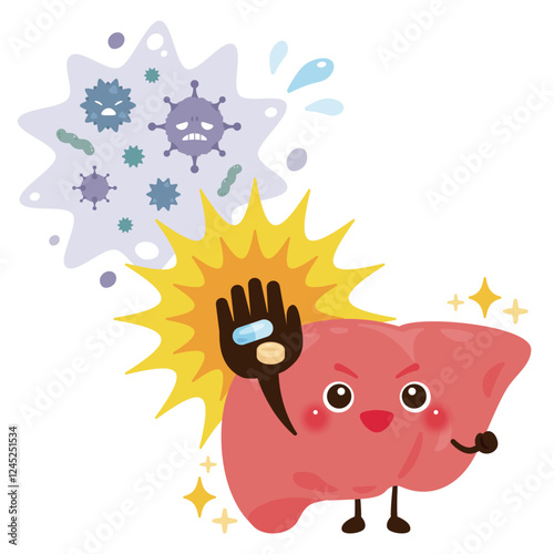 ウイルスを薬剤で治療して元気になる肝臓のキャラクターイラスト