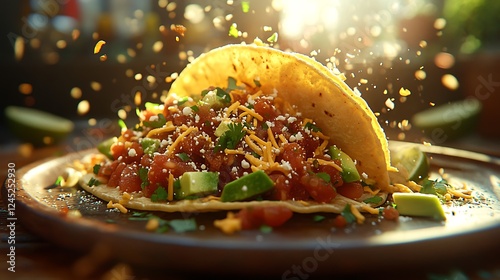 High-angle shot of a taco being squeezed, vibrant fillings like avocado, salsa, and shredded cheese spilling onto a plate, sunlight streaming through, warm cinematic ambiance. --ar 16:9 photo