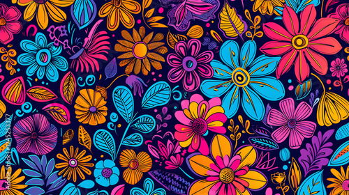 Vibrant floral pattern featuring diverse flowers and leaves on a dark background, ideal for textiles