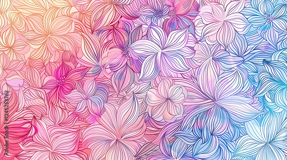 Obraz premium A vibrant floral pattern featuring intricate line art of various flowers in pastel colors