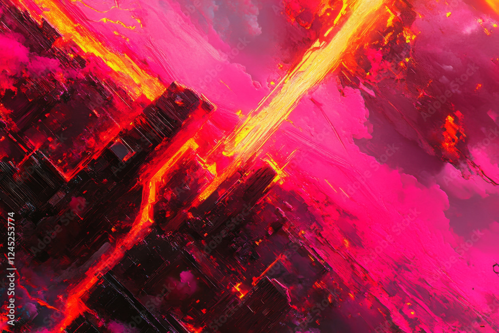 Naklejka premium Futuristic cityscape with vibrant pink and orange hues