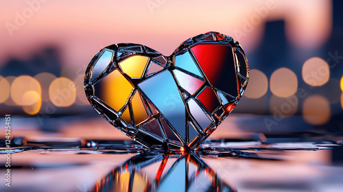  Abstract fractured heart, with glowing vibrant shards in red, blue, and yellow suspended in space, connected by flowing light patterns, symbolizing emotional energy, brokenness, and recovery

