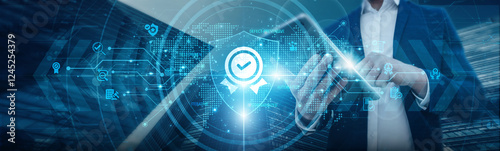 QA. Businessmen's connections are protected through quality assurance protocols, processes, standards, certifications, methods, monitoring, auditing, evaluations, improvements, and compliance.