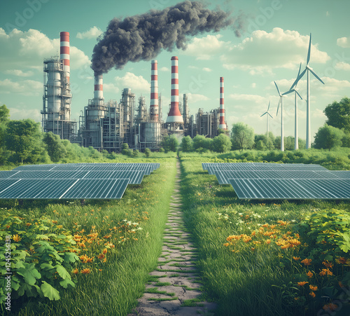 split-screen image showing one side with an industrial plant emitting black smoke, and the other half featuring green fields of grasses and solar panels, with wind turbines in the background photo