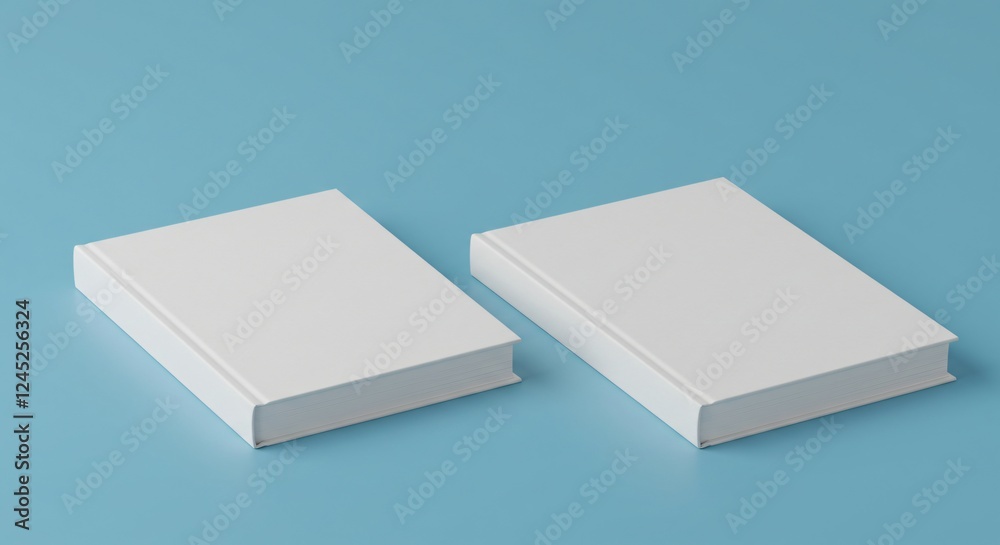Two blank hardcover books with white covers lie on a smooth blue background, offering a clean and minimalist look, perfect for mockups or design presentations. Two blank hardcover books with white covers lie on a smooth blue background, offering a clean and minimalist look, perfect for mockups or design presentations.