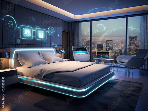 Futuristic Smart Bedroom with City Night View
