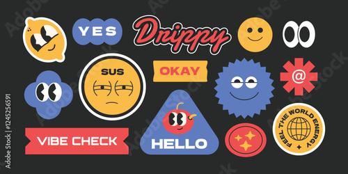 Funny cartoon character stickers, patch, label y2k style with gen z and millenials slang words