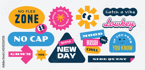 Vintage groovy and hipster gen z millenials slang words stickers, patch, label collection y2k style.