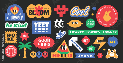 Groovy trendy hipster stickers, patch, label character with gen z and millenials slang words y2k style