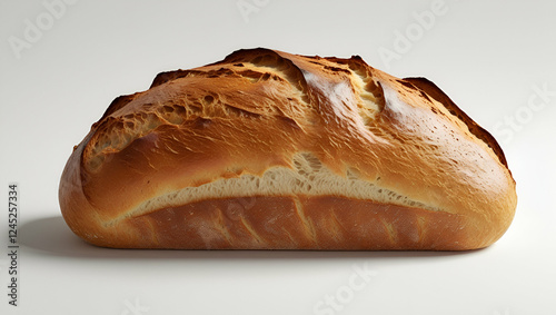 A golden, freshly-baked loaf of bread with a crisp, textured crust and soft, airy interior. The bread is placed on a rustic wooden surface, and a few crumbs are scattered around.