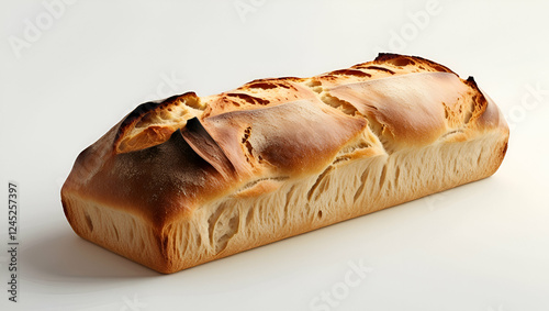 A golden, freshly-baked loaf of bread with a crisp, textured crust and soft, airy interior. The bread is placed on a rustic wooden surface, and a few crumbs are scattered around.