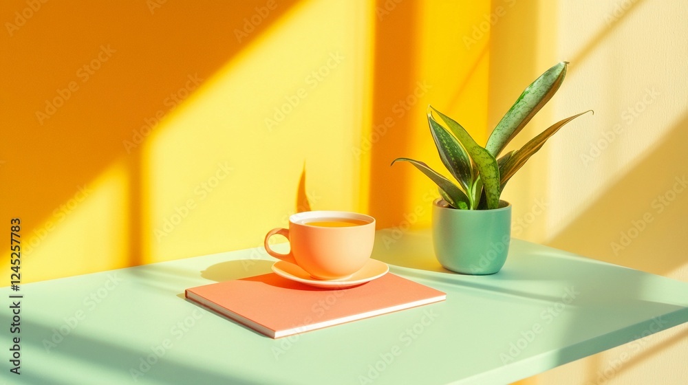 A tidy minimalist desk with a plant, a small notebook, and a cup of tea, showing a mindful approach to work environments, mindfulness concept A tidy minimalist desk with a plant, a small notebook, and a cup of tea, showing a mindful approach to work environments, mindfulness concept