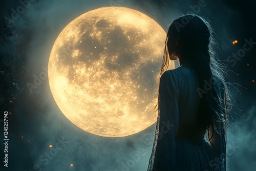 Woman gazing at giant moon in mystical night forest