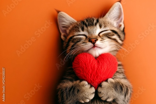 Cute balinese feline infant with fluffy red heart - sign of love, funny greeting card. Balinese - my treasured cat. Marketing visual idea. Animal love. February 14 valentine ideas. Cute pet.