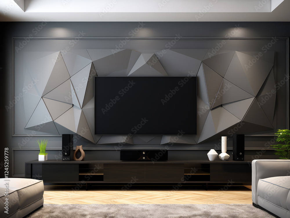 Fototapeta premium Modern Home Theater with Geometric 3D Wall Panel and Black Entertainment Center